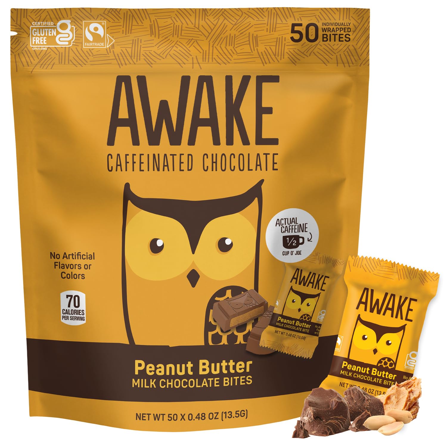 AWAKE Caffeinated Chocolate Bites - Peanut Butter Milk Chocolate | 50 Bites | 50mg Caffeine | Fairtrade, Gluten Free, No
