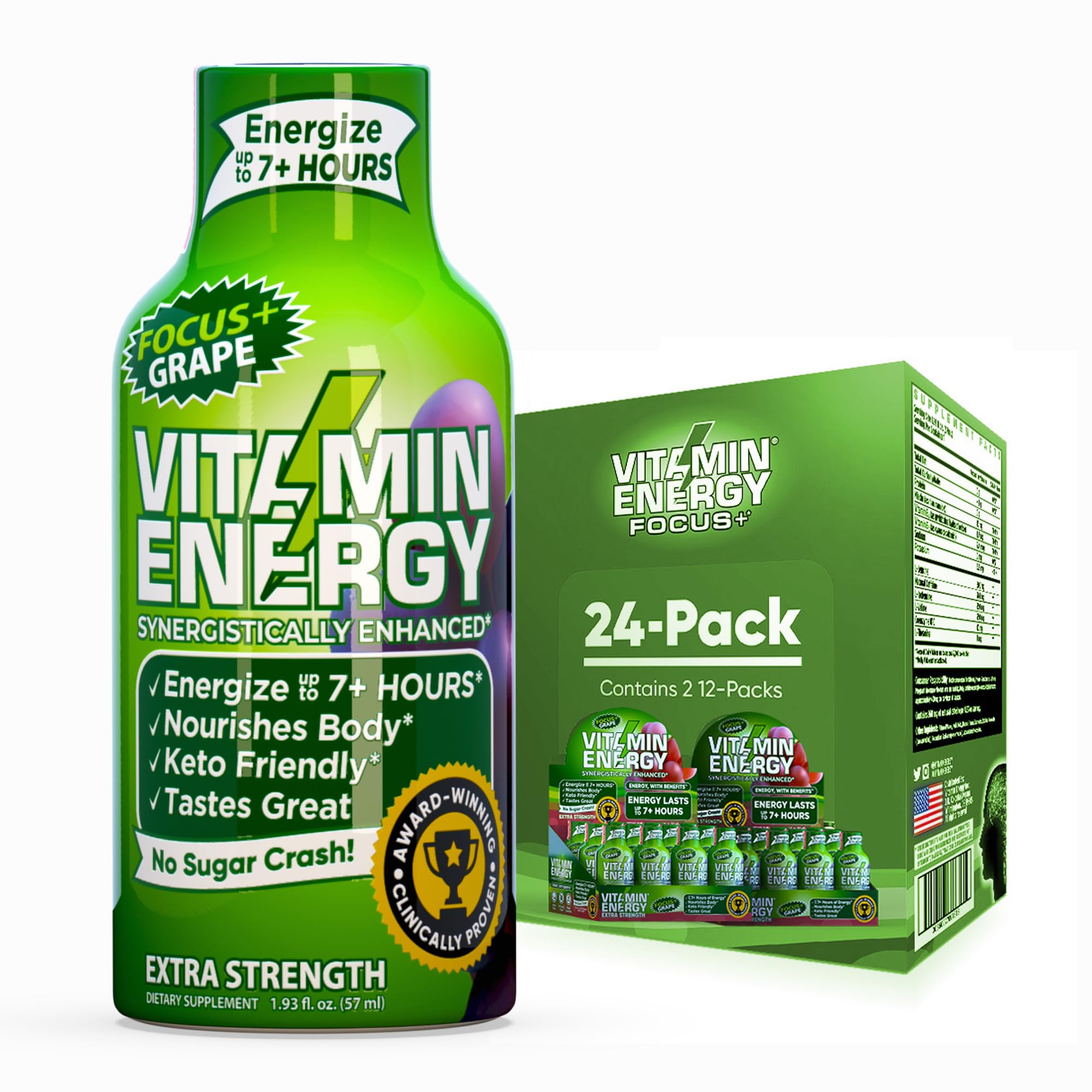 Vitamin Energy Focus + Extra Strength Daily Energy Shot - Grape Flavour - 260mg Natural Caffeine, 100% DV B-Vitamins - F