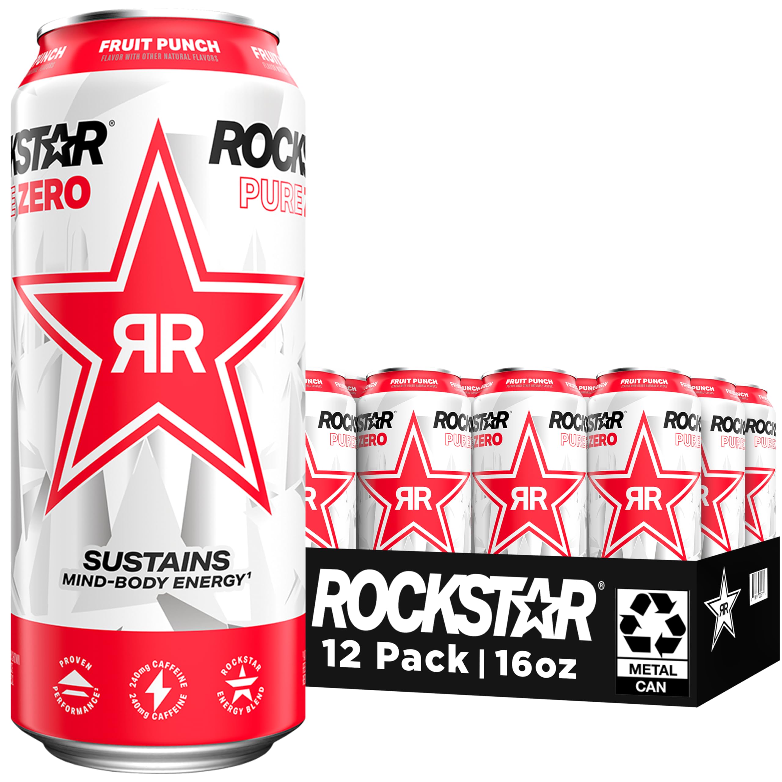 Rockstar Pure Zero Energy Drink Fruit Punch 0 Sugar Caffeine Taurine 16oz Cans Pack