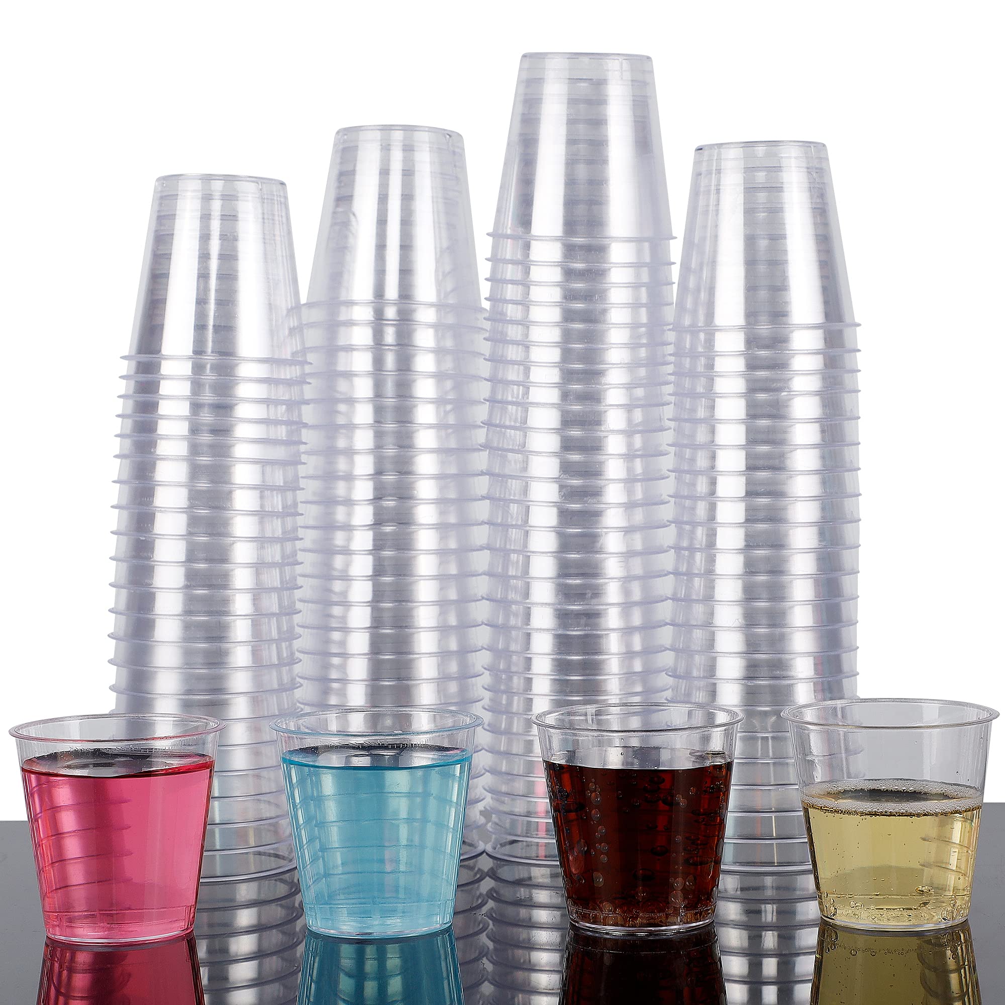 Zcaukya 100 Shot Glasses, 1oz Clear Plastic Disposable Hard Cups, Global Recycled Standard Perfect for Sauce and Jello S