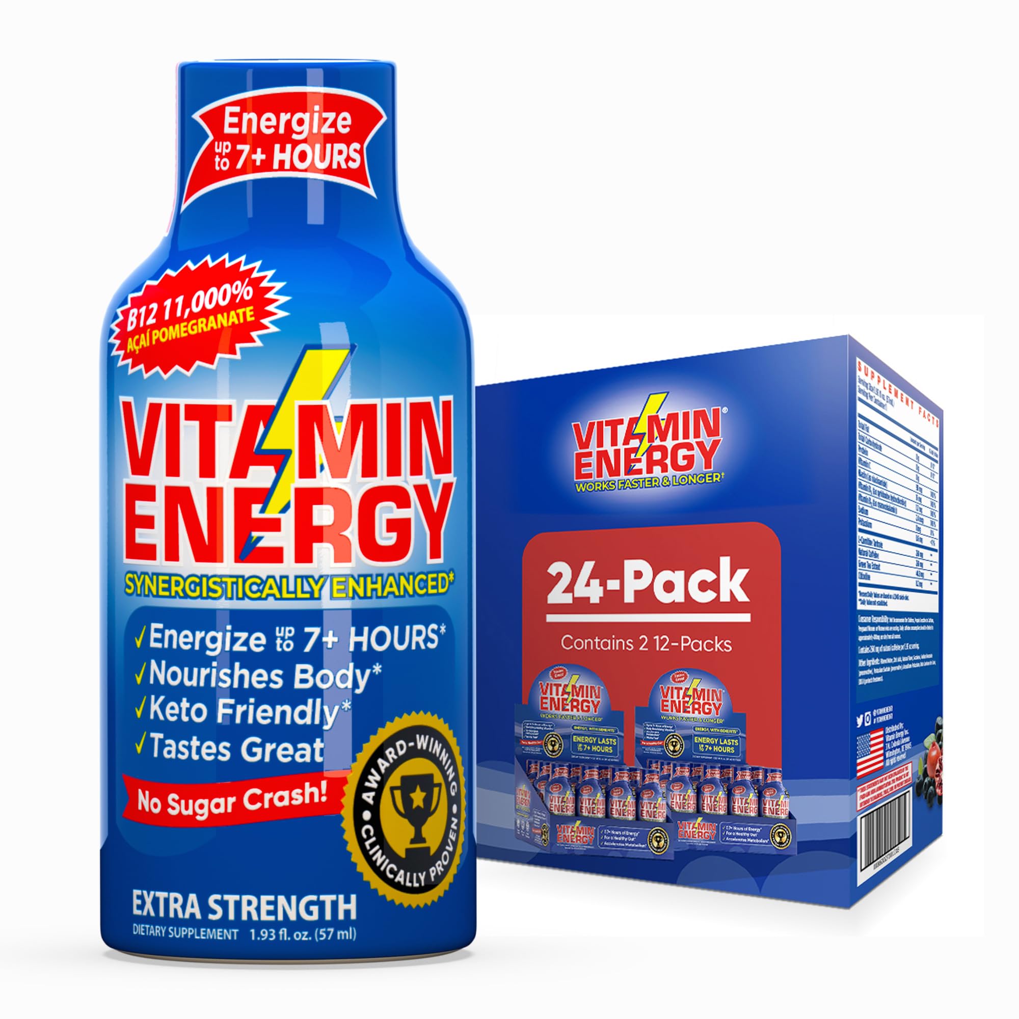 Vitamin Energy B12 Extra Strength Daily Energy Shot - Acai Pomegranate - Zero Sugar & Vegan, 1.93 fl oz, 24-Pack  
Vitam